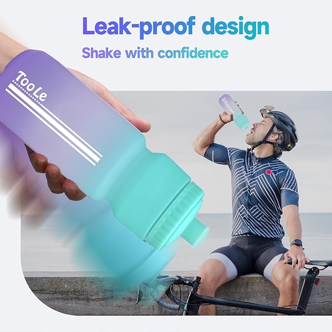 24oz Bike Water Bottle, Cycling Squeeze Water Bottle Leakproof BPA Free with Capacity Scale w/Pull Top Lid, Reusable, for Bicycle, Gym,Camping, Hiking