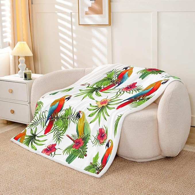 Palm Leaves Fleece Throw Blanket Parrots Plush Blanket for Kids Boys Girls Tropical Exotic Birds Sherpa Blanket Hibiscus Flowers Fuzzy Blanket for Sofa Bed Couch, Colorful Room Decor Queen 90x90 Inch