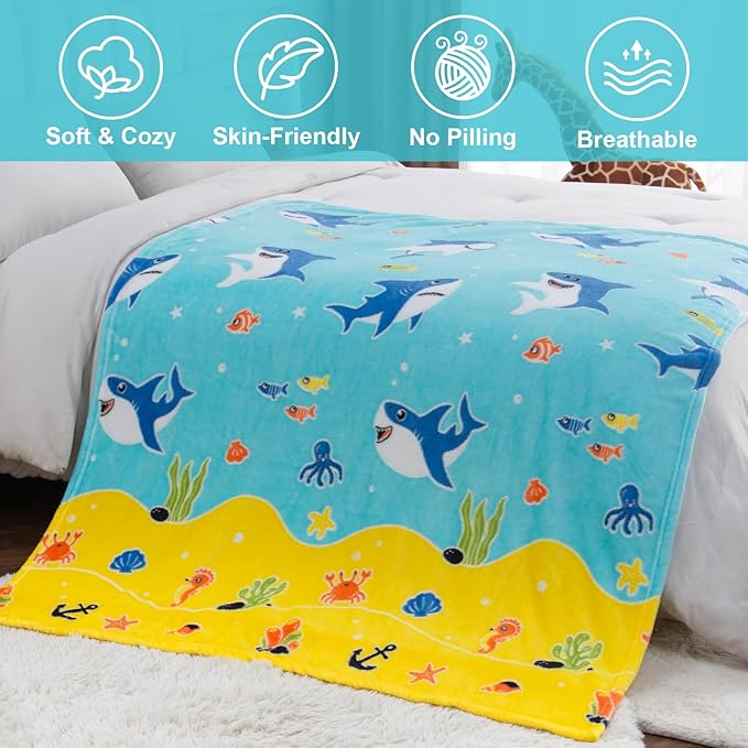 Shark Gifts for Boys Girls - Glow in The Dark Ocean Animal Blanket for Kids Age 1-14 Years Old Child Toddler Best Birthday Valentines Easter Christmas Party Favors Present Soft Cozy Throw 50"x60"