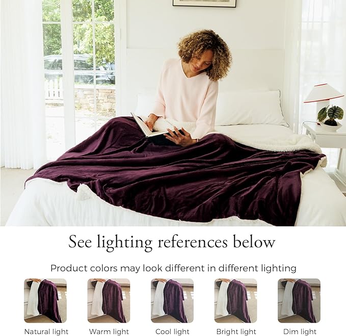 NANPIPER Sherpa Blanket for Couch, Warm and Lightweight Throw, Soft Fuzzy Plush Fleece for Winter, Plum Purple 50x60 Inches