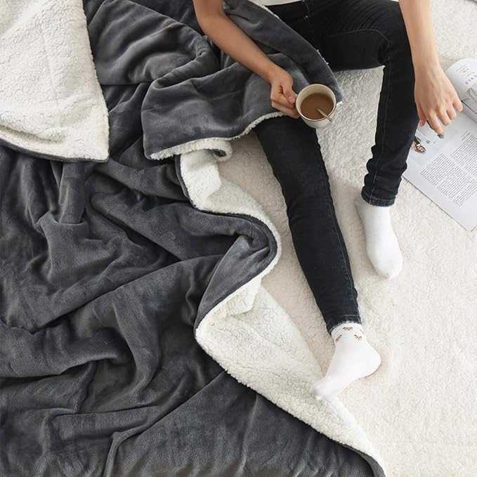 NANPIPER Flannel Blanket Reversible Sherpa Throw Blanket Super Soft Fuzzy Plush Microfiber (90"x90" Gray) Queen