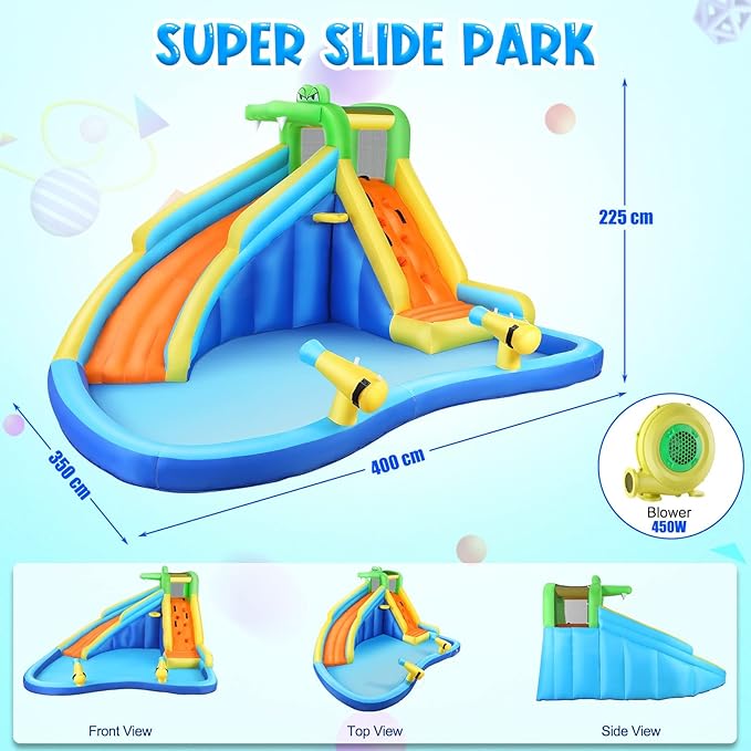 AKEYDIY Inflatable Water Slide for Kids 3-12,Crocodile Cove Water Park with Splash Pool,Water Cannon, Climbing Wall, Kids Inflatable Water Park Slide for Backyard Summer