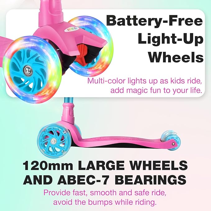 BELEEV Scooters for Kids 3 Wheel Kick Scooter for Toddlers Girls Boys, 4 Adjustable Height, Lean to Steer, Light up Wheels, Extra-Wide Deck, Easy to Assemble for Children Ages 3-12 (Rose Pink)
