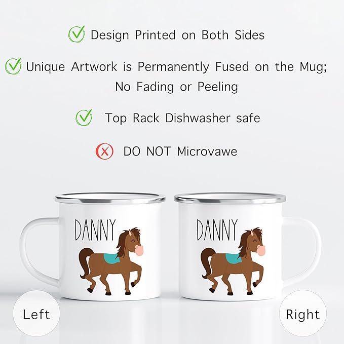 Personalized Mug for Kids, Boys, Girls | Customized Cocoa, Hot Chocolate, Coffee & Milk Cup | Custom Name Birthday Gift Party Favors | 11 Oz Stainless Steel Camping Mug Unbreakable | Horse