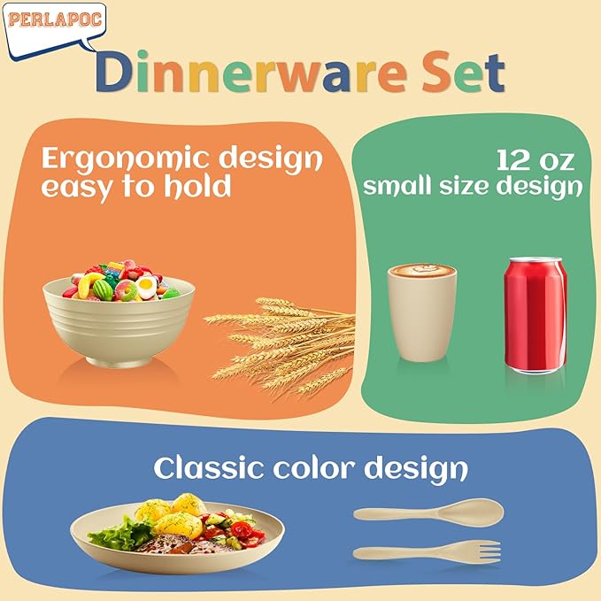 Kitchen Wheat Straw Dinnerware Sets for 4, Unbreakable Kids Dish Set 20 PCS - Dinner Plate/Cereal Bowl/Cup/Fork/Spoon, for Outdoor Camping, RV, Apartment Essentials - Beige