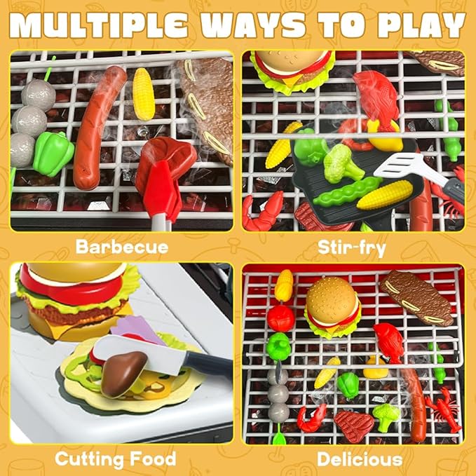 Kids BBQ Grill Playset, Kitchen Playset with Smoke Sound Light and Wheel, Movable Pretend Play Toy Grills for Kids Ages 4-8, 2-Layer Outdoor Cooking Toys for Toddlers 3-5 Birthday Gifts