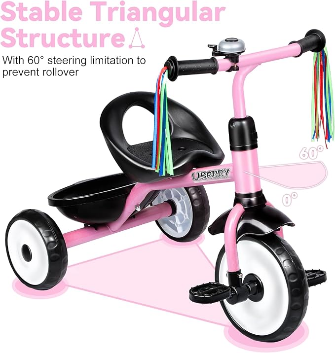 Liberry Toddler Tricycle Age 2 3 4 Years Old, Kids Trike with Bell, Back Basket and Removable Pedal, 3 Wheel Bike Riding Toy Gift for Girls, Light Pink