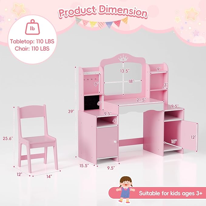 MU Kids Vanity, Girl Vanity Set with Mirror and Stool, 2 in 1 Toddler Makeup Vanity Table with Jewelry Storage, Wooden Princess Makeup Desk Dressing Table for Little Girls, (Pink)