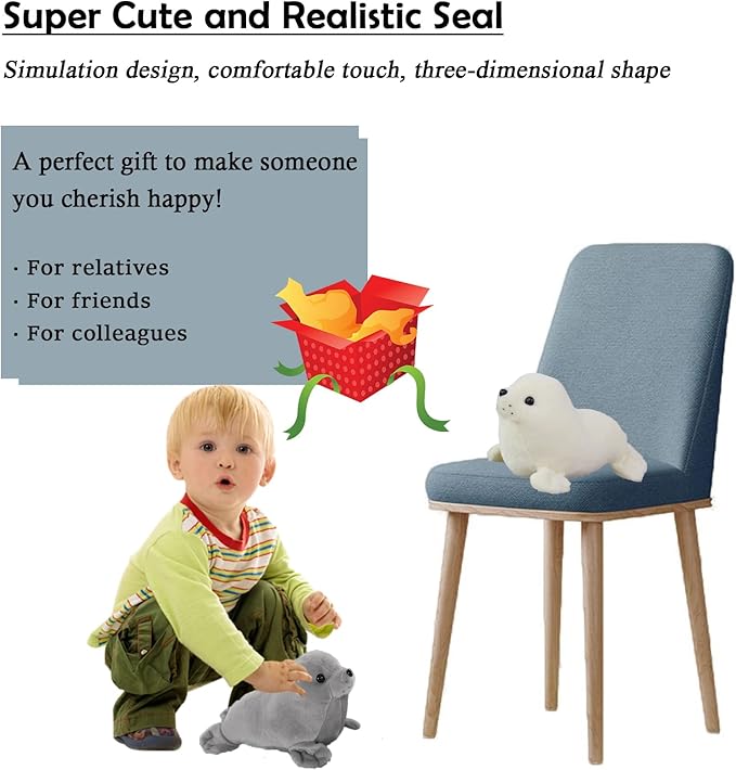 Seal Plush Stuffed Animal Grey Cute Toy Pillow Kawaii Doll for Kids, 9 inch