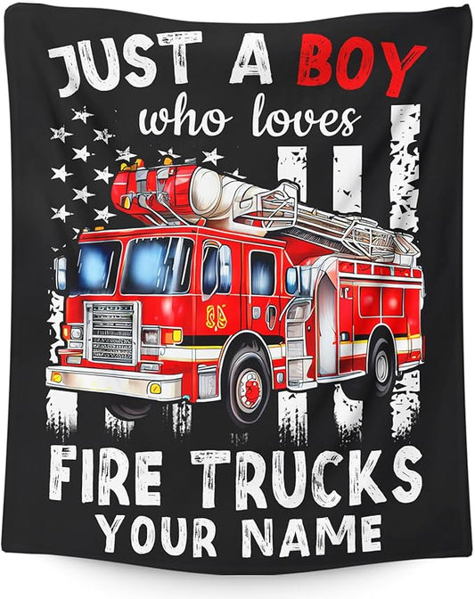 Custom Fire Truck Blanket for Boys, Cute Throw Blanket Gifts for Kids Truck Lovers, Personalized 50x60 Inches Black Soft Fuzzy Blankets for Sofa Couch Bed Travel