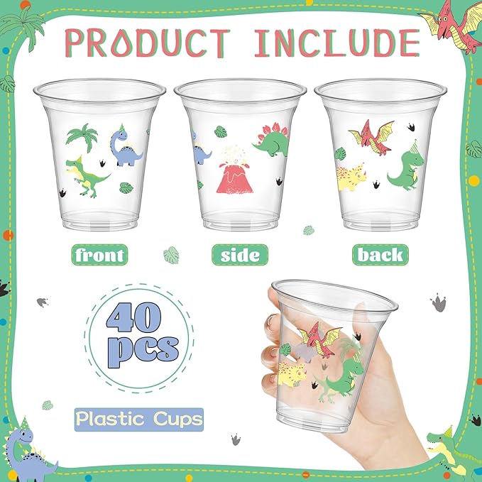 QICI 40pcs Dinosaur Party Cups Dinosaurs disposable Plastic Cups Dinosaur Themed Drinking Cups for Kids Dinosaurs Birthday Party Decorations Supplies