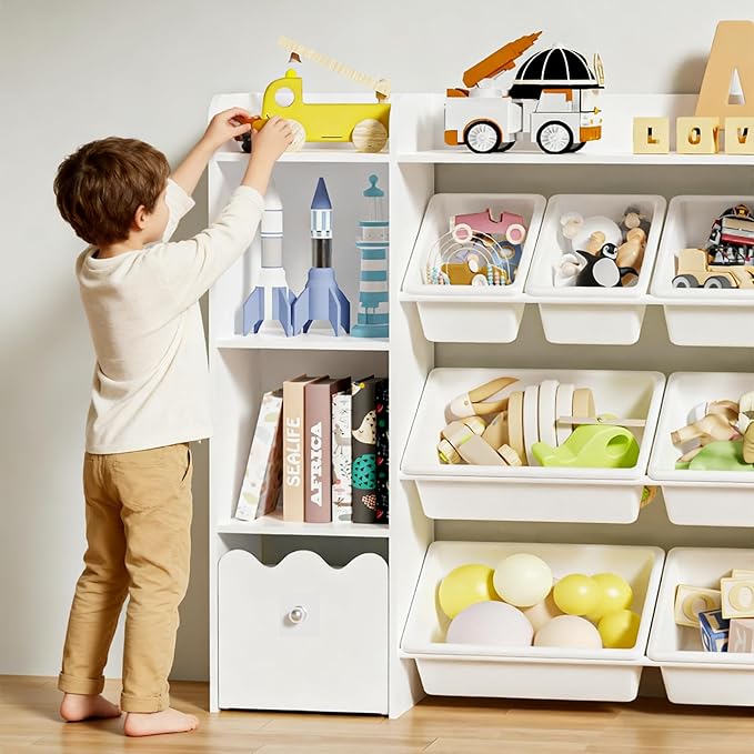 HOMMPA 55" W Kids Toy Storage Organizer with 2 Movable Drawer 4-Tier Bookshelf for Kids Children's Organizer Cabinet with 8 Toy Bins for Playrooms, Classroom and Nurseries,White