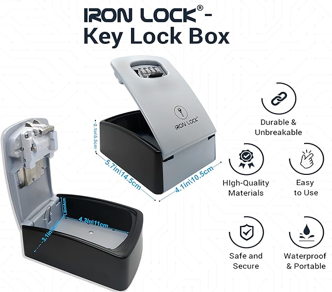 Iron Lock® XXL Wall Mount Key Lock Box for Keys 4 Digit Combination with Resettable Code with A B Switch Extra Large lockbox Indoor Outdoor Waterproof Big Key Lock Box House Spare Keys (XXL, Grey)