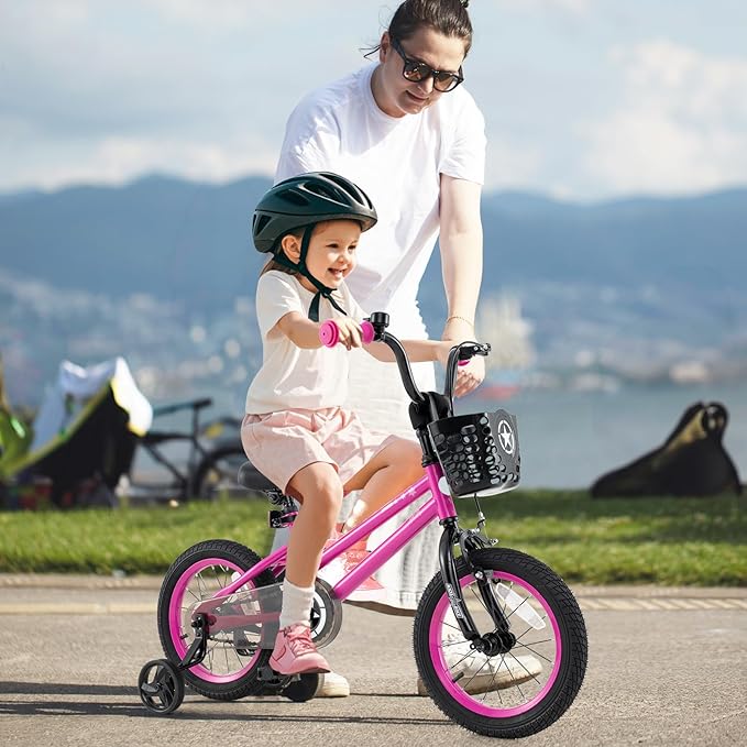 BABY JOY Starry Kids Bike, 12 14 16 18 Inch Bicycle with Training Wheels, Storage Basket, Adjustable Handlebar & Seat, Handbrake & Coaster Brake, Girls Boys Bike