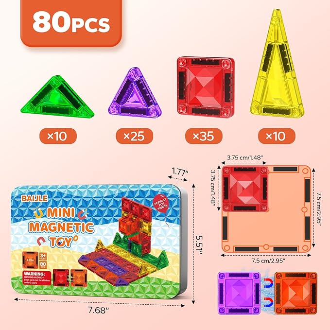 80PCS Mini Magnetic Tiles, Diamond Pattern Travel Magnetic Tiles Building Set with Case, Construction Toys for Kids 4-8 Portable Classroom Educational Learning Toddler Toys for Boys Girls Gift Ages 3+
