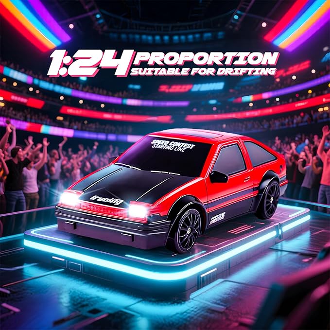 SANCO 1:24 RC Drift Car with LED Lights, 2.4GHz Remote Control Car, Includes 2 Batteries & 2 Sets of Tires for Racing & Drifting, Electric Hobby Racing Toy for Adults, Boys & Kids(Red)
