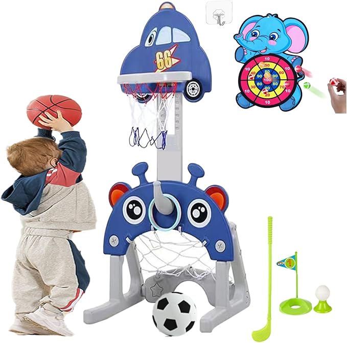 5 in 1 Adjustable Height Sports Center for Toddler 3-5, Indoor Toy Set with Basketball Hoop Soccer Golf Hoops Dart, Best Sports Toys (Blue, Basketball + Soccer + Golf + Hoops + Dart)