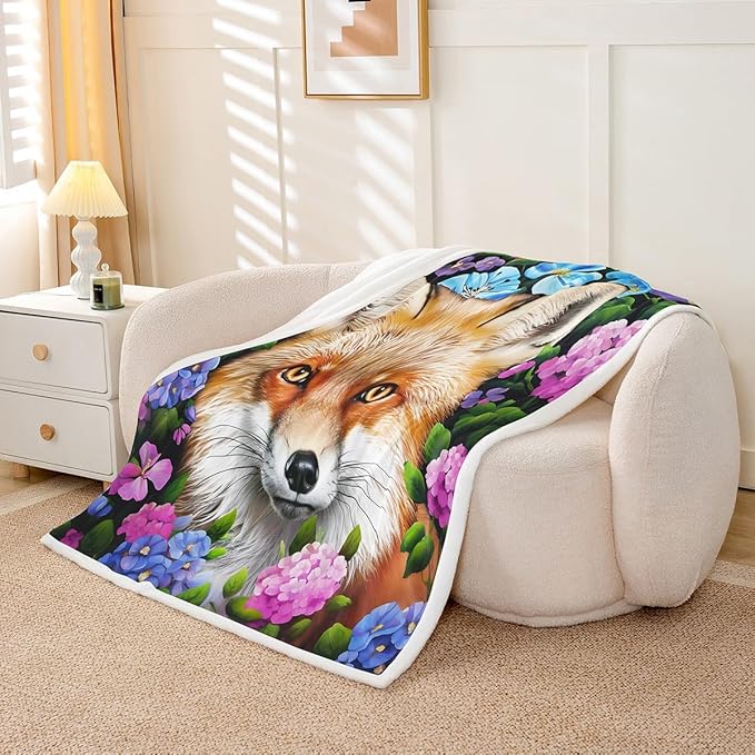 Fox Print Fleece Throw Blanket Cartoon Fox Sherpa Blanket for Kids Boys Girls Colorful Flowers Butterfly Plush Blanket Soft Decor Wild Fox Animal Fuzzy Blanket for Sofa Bed Couch, 40x50 Inch
