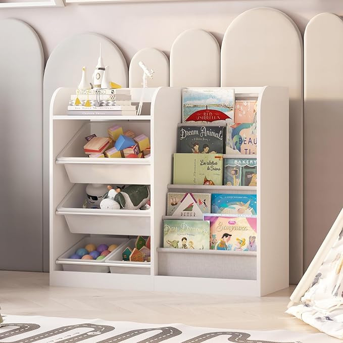 White Kids Wood Bookshelf Toy Storage Box Organizer Shelf W/4 Removable Plastic Toy Bins Children Bookcase Toddler Baby Sling Book Rack Cabinet Chest Girl Boy Gift Playroom Classroom Bedroom Nursery