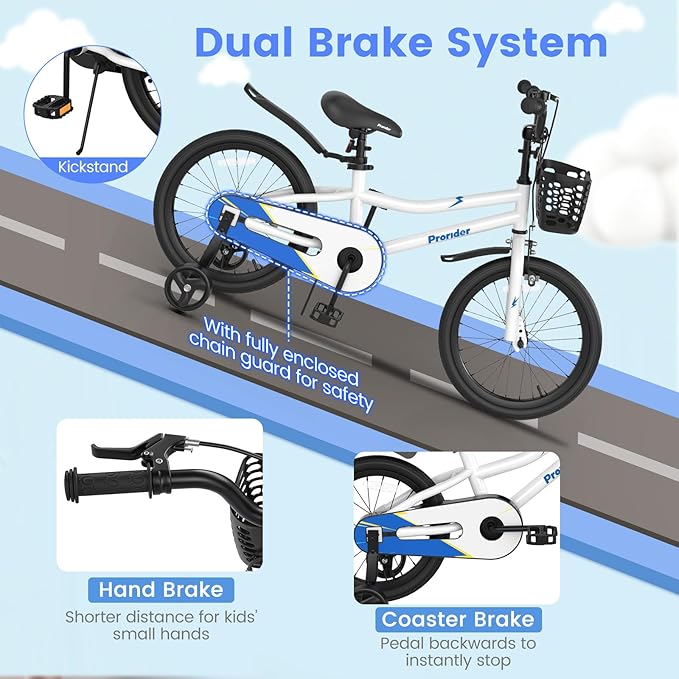 BABY JOY Kids Bike, 12 14 16 18 20 Inch Children Bikes for Boys Girls Teens 3-8 8+ Years w/Training Wheels or Kickstand, Handbrake, Coaster Brake & Removable Basket, Kids Bicycle of Multiple Colors