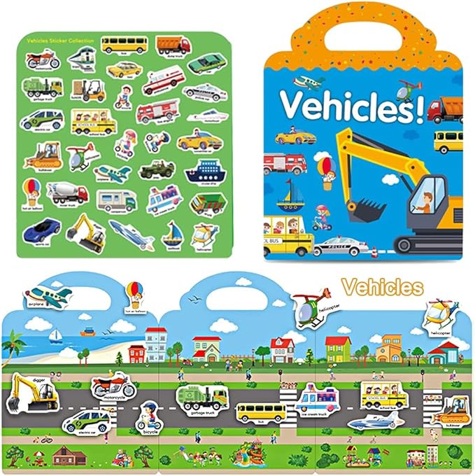 Reusable Sticker Books for Kids, 4 Sets Removable Toddler Sticker Book for Girls Boys Educational Learning Toys - Vehicle, Farm, Dinosaur & Zoo Animal