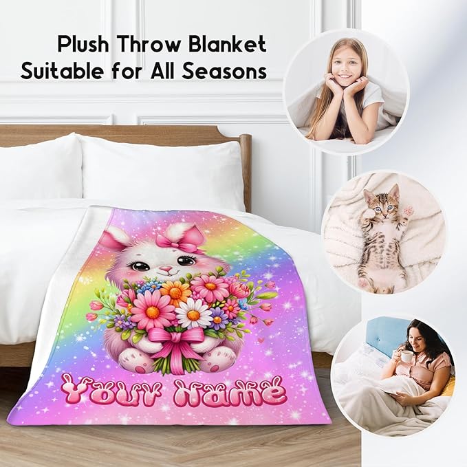 Personalized Blanket for Kids, Bunny Blanket for Girls, Custom Gifts for Toddler Daughter, Rainbow Throws Decor, 4 Size