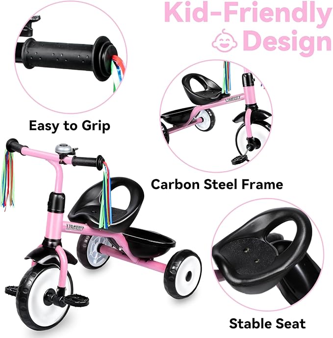 Liberry Toddler Tricycle Age 2 3 4 Years Old, Kids Trike with Bell, Back Basket and Removable Pedal, 3 Wheel Bike Riding Toy Gift for Girls, Light Pink