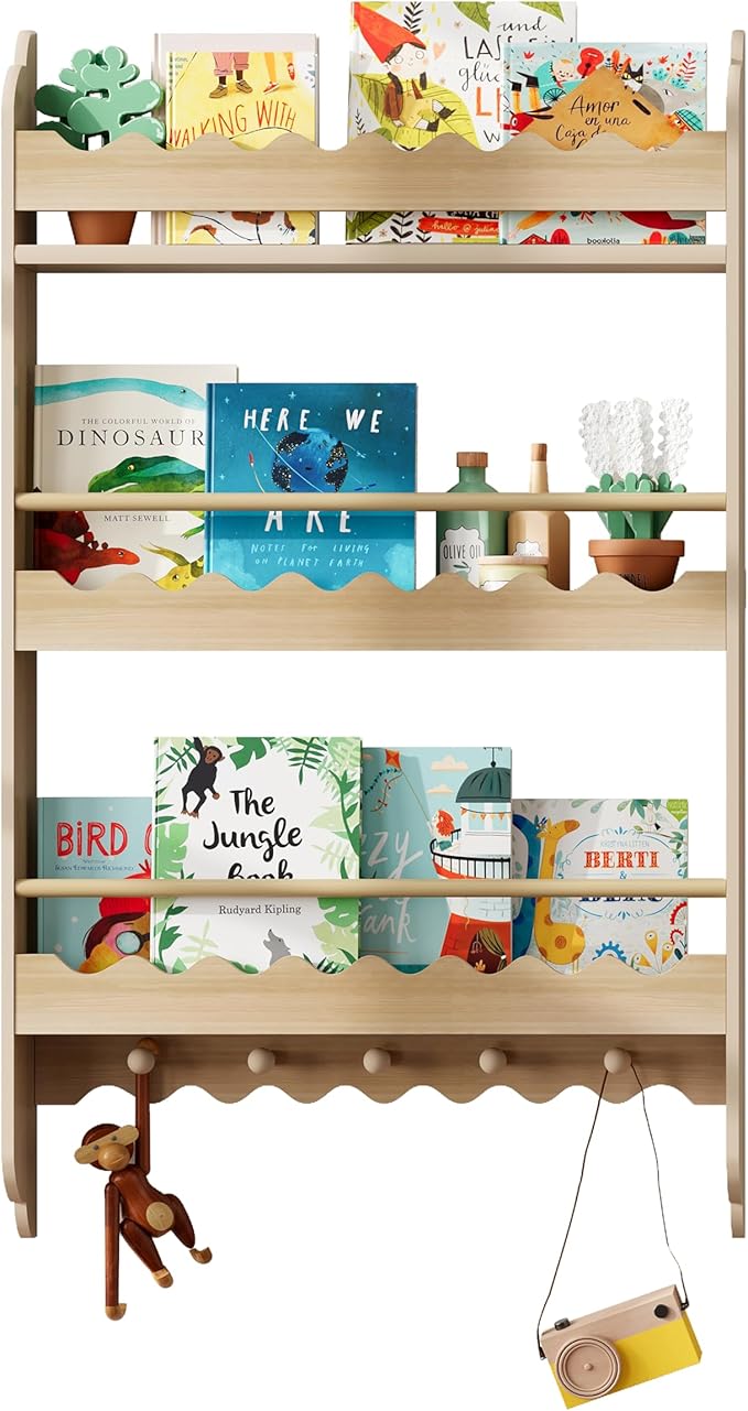 Treocho Kids Bookshelf, 3-Tier Wall Mounted Book Shelf, Kids Bookshelf and Toy Storage for Living Room, Bedroom and Nursery, Natural