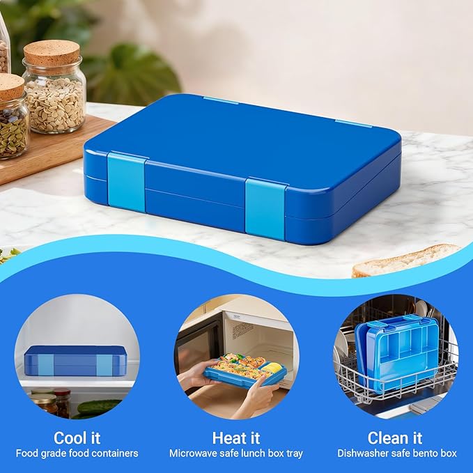 Bento Lunch Box for Kids, 4 Compartments Kids Leak Proof Bento Lunch Boxes Food Containers for School, Travel, On-the-Go Meal, Food Grade, Microwave, Dishwasher Safe, Pure Blue