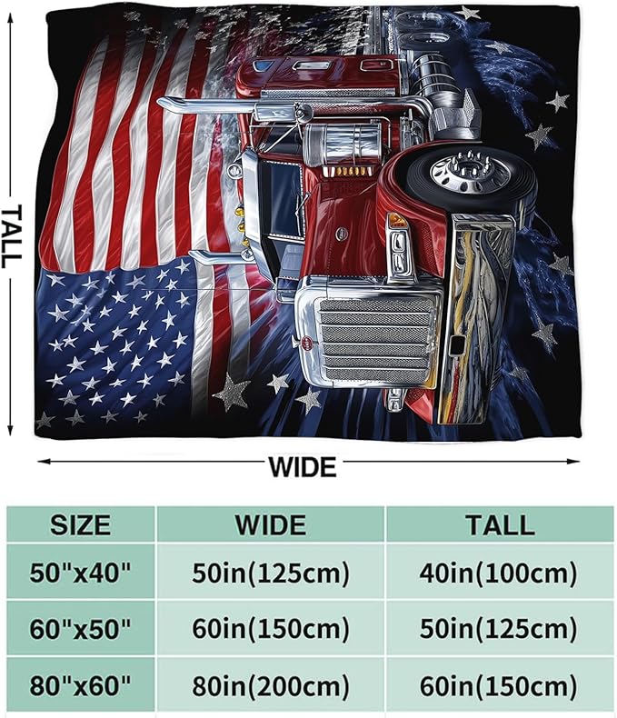 Truck Blanket Gifts for Men, American Flag Truck Throw Blanket for Boys, Soft Cozy Stuff Fleece Blankets Gifts for Train Lovers Couch Sofa Bed 80" x 60"