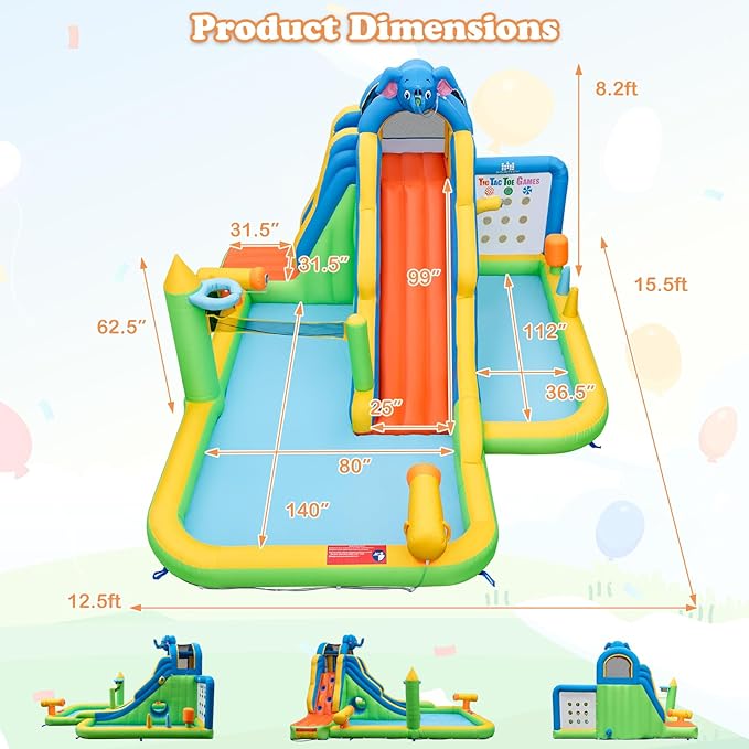 BOUNTECH Inflatable Water Slide, Elephant Surfing Slide Kids Water Park Jump Bouncy Castle w/Blower, 2 Splash Pools, Hide&Seek Cave, Outdoor Water Slides Inflatables for Big Kids Backyard Party Gifts