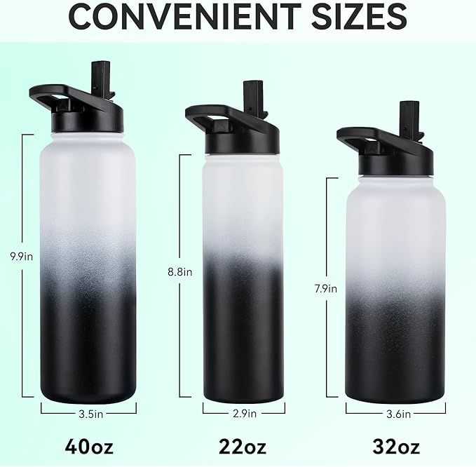 DOMICARE 40 oz Insulated Water Bottle Bulk, Vacuum Insulated Stainless Steel Sports Water Bottle with Straw Lid & Spout Lid, Leakproof, Reusable - Travel, Camping, Bike, Black White Gradient (4 Pack)