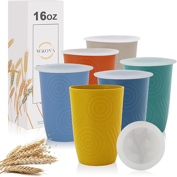 Wheat Straw Cups with Silicone Covers 16oz Set of 6 - Alternative Plastic Cups Microwave & Dishwasher Safe - Plastic Drinking Cups Unbreakable for Kids