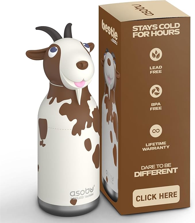 asobu Bestie Bottle Insulated Stainless Steel Water Bottle with Detachable Soft Animal Head Fun Drinking For Kids and Teens with Flexible Reusable Straw 16 Ounce (Goat)