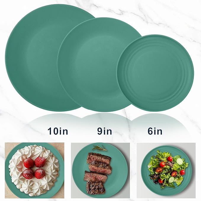 Wrova 64-Piece Service for 8 Dinnerware Set - Unbreakable Wheat Straw Dinnerware sets of 64 - Dinner plates/Snack plates/Cereal bowls/Drinking Cups/Cutlery for Outdoor camping and indoors.Green