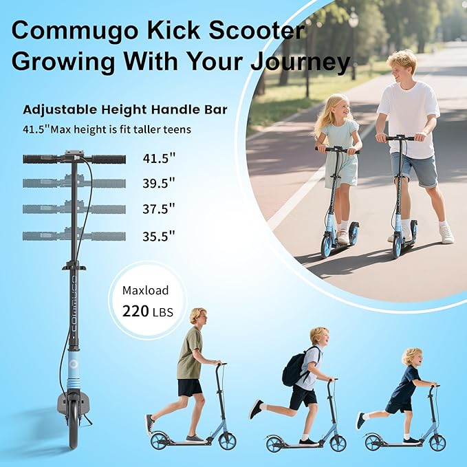 Kick Scooter for Kids Age 8+, Teens, Adults, Dual Suspension Foldable Lightweight Scooter with 8 Inch Big Wheels, Max Load 240 LBS Wide Deck