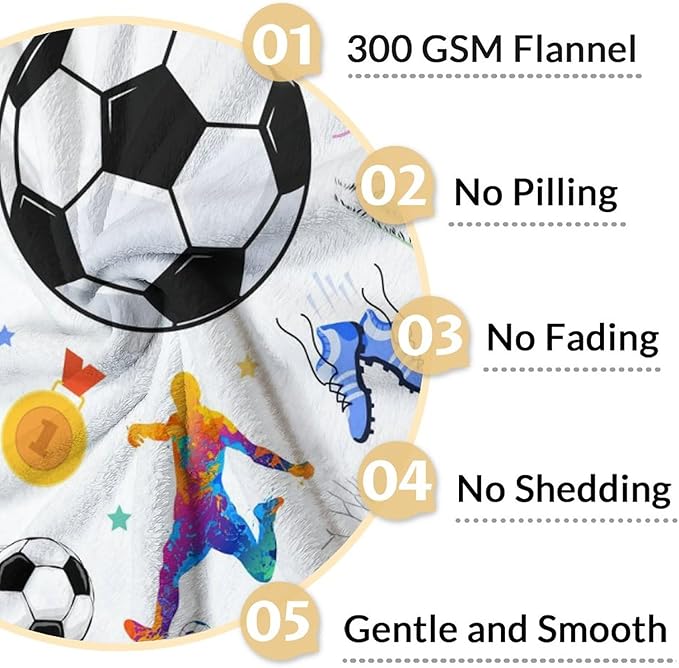 Soccer Blanket for Kids - 30x40 Inches Lap Size - Soft Fuzzy Cozy Throws Gifts for Soccer Players - Colorful Sports Throw Blanket for Couch, Living Room & Office