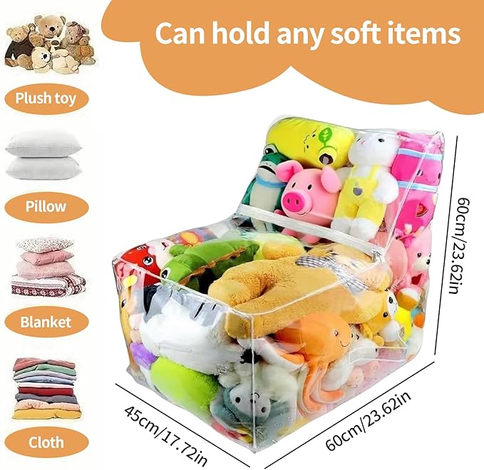 Beanbag Chair Cover – 60×45cm Clear Storage Seat | PVC Zippered Waterproof Organizer For Plush Toys | Comfortable Kids Furniture For Playroom, Bedroom & Floor Seating