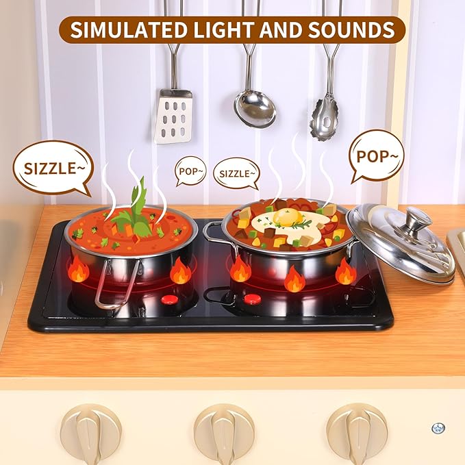 Arlopu Play Kitchen for Kids, Wooden Toy Toddler Kitchen Sets, Pretend Cooking Playset with Storage & Accessories, Realistic Light & Sound, Stove, Fridge, Microwave, Removable Sink (Beige)