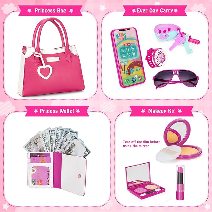 Officygnet Play Purse for Little Girl, Pretend Princess Play Girls Toys for 3 4 5 6 7 8 Year Old, Toddler Purse with Accessories, Kids Toy Purse Birthday for Girls Ages 3-5 4-5 6-8