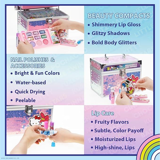 Hello Kitty & Friends Train Case Beauty Set, Kids Makeup Kit for Girls, Real Washable Makeup Set, Play Makeup, Party Favor, Birthday, Ages 3 4 5 6 7 8 9 10 11 12 by Townley Girl