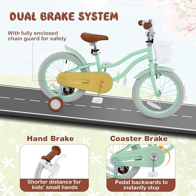 BABY JOY Kids Bike, 12 14 16 18 20 Inch Boys Girls Bike w/Adjustable Seat, Removable Basket, Handbrake & Coaster Brake, Training Wheels or Kickstand, Kids Bicycle with Multi-Color