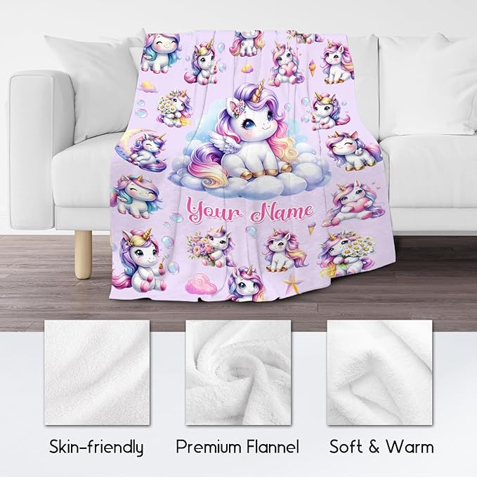 Gifts for Girls, Unicorn Blanket Gifts for Kids Unicorn Lovers, 40"x50" Personalized Soft Flannel Throw with Name for Toddlers Granddaughter