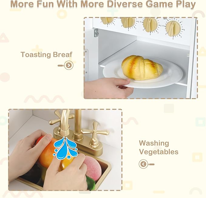 Kids Kitchen Playset, Wooden Play Kitchen with Toy Storage System, Pretend Play Kitchen Set Toy with Range Hood, Ice Maker & Coffee Maker, for Kids Ages 3+, White