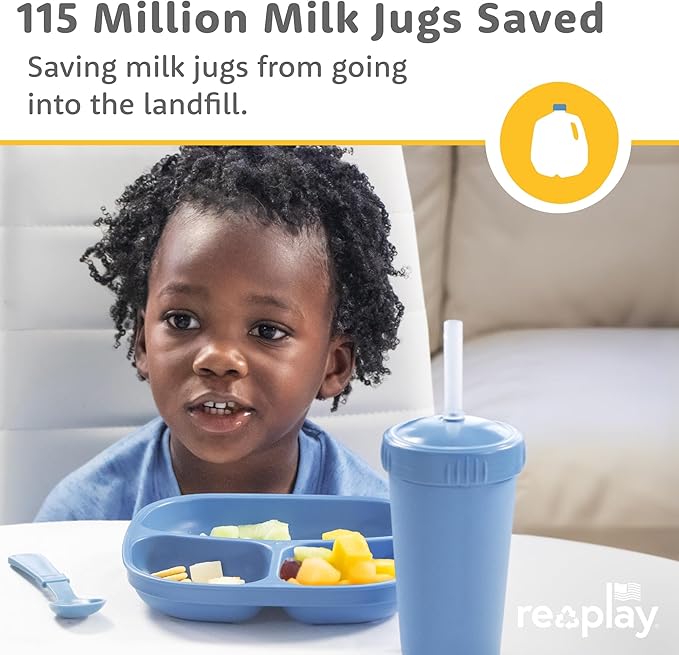 Re-Play Toddler Plates with Dividers - Deep-Walled 3 Compartments Divided Plates for Kids with 3 Lids - Dishwasher & Microwave Safe - Made in USA - Set of 3-7.37" x 7.37" x 1.25" - Aqua Asst