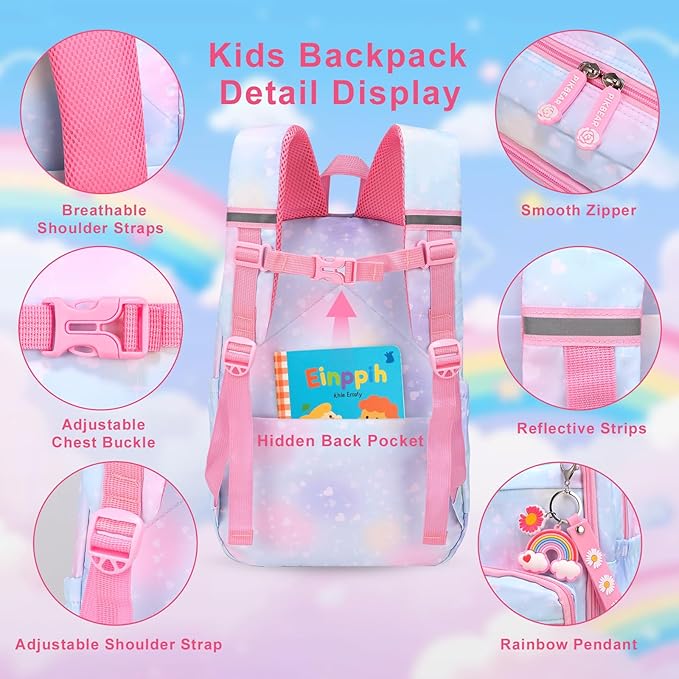 Girls Backpack Set 3 IN 1,Cute Rainbow Kids Backpack with Insulated Lunch Box Pen Case Set Student School bag(Blue-3 pieces set)