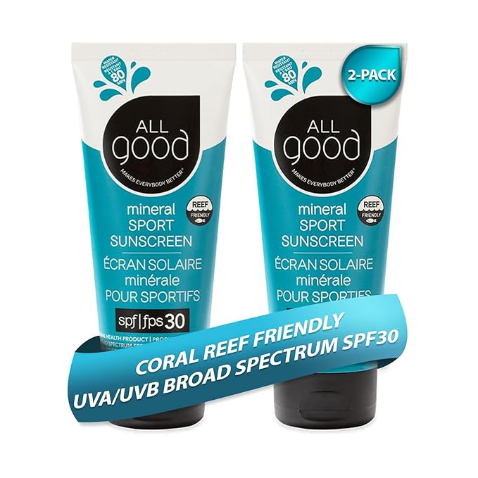 All Good Sunscreen - Sport Mineral Sunscreen Lotion, Reef Friendly, SPF 30+ for Face & Body, Water & Sweat Resistant, 2-pack (3 oz)