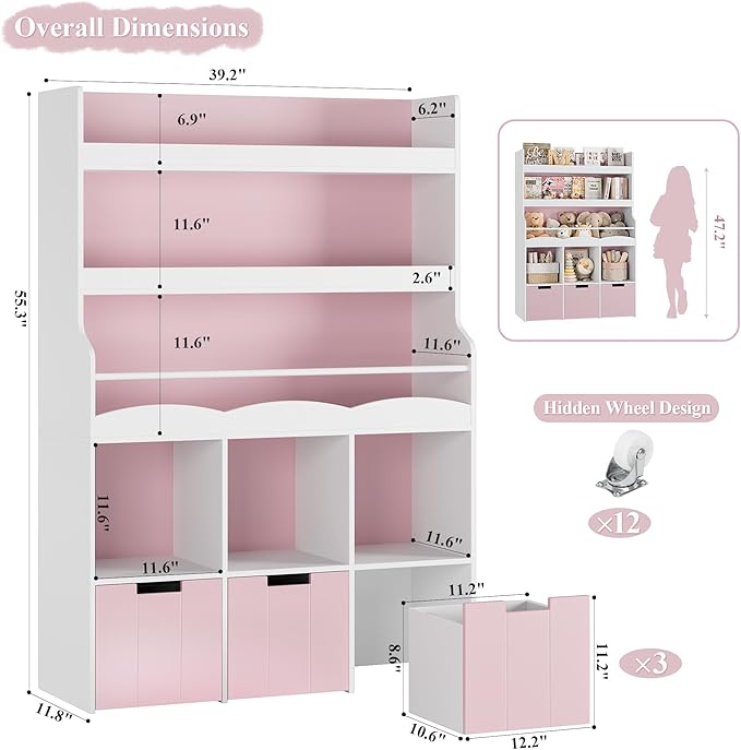 HITHOS 55.3"H Kids Bookshelf with Toy Storage Organizer, Tall Book Shelf with 3 Mobile Toy Storage Bins, Large Kids Bookcase with Toy Chest, 39.2"W Modern Toy Box for Kid Room, Playroom, Pink, White
