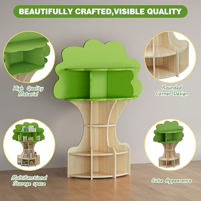 Tree Kids Bookshelf, Fun and Sturdy 5-Tier Wooden Book Organizer, Montessori Nursery Book Shelf for Toddlers, Kids Room and Playroom-YWL