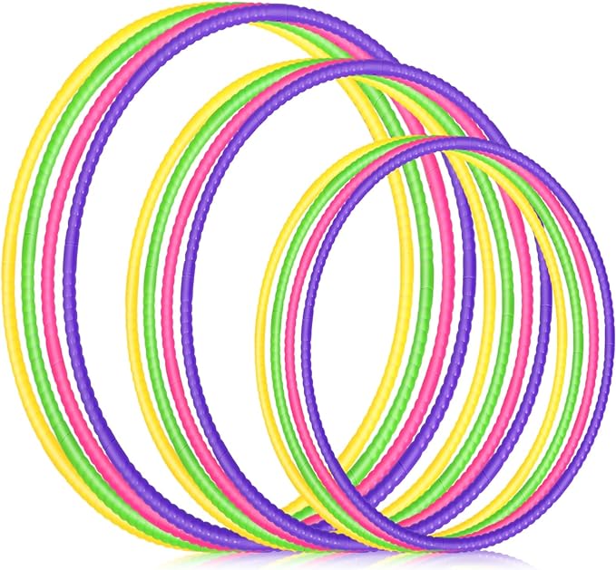 Syhood 12 Pcs Toy Color Hoop Plastic Detachable Adjustable Hoop Light Weight Exercise Fitness Equipment Toy Waist Ring for Adult Party, 3 Sizes(Green, Rose, Yellow, Purple)